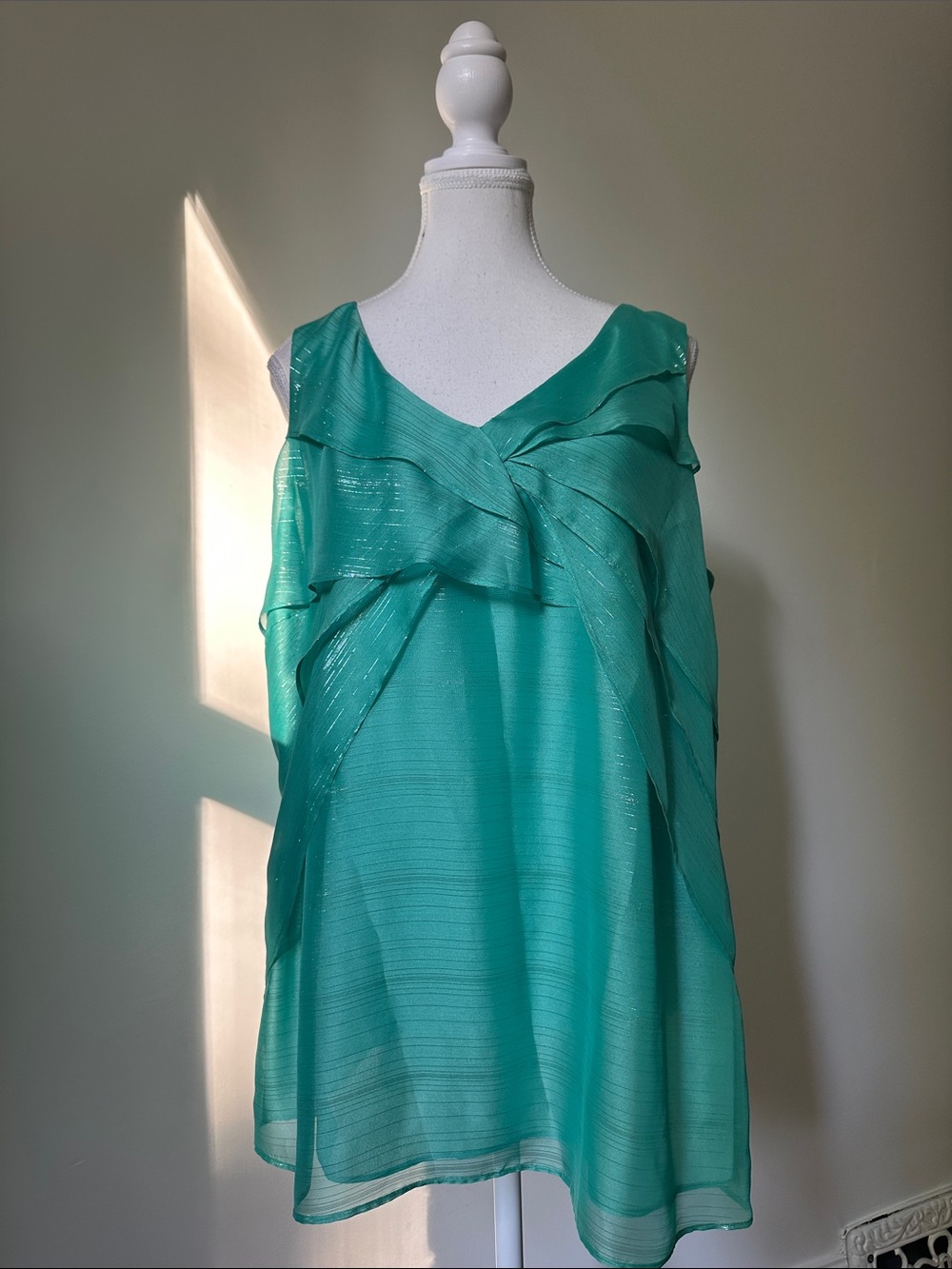 NWT ANNE KLEIN Turquoise Y2K Deadstock Ruffle Preppy Vacation Shimmer Blouse 1X